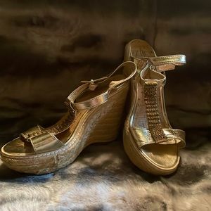 Gold espadrille wedge sandals with embellishment